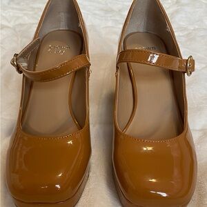 crown & ivy Patent Mary Jane Mules in Cognac